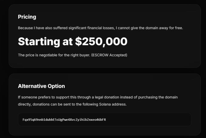 A pricing page showing a domain for sale 'Starting at $250,000' with an alternative option to donate via a Solana wallet address.
