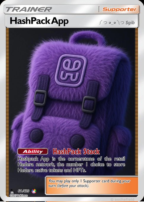 A Pokémon TCG-style trainer card featuring 'HashPackApp' as a Supporter card with an ability called 'HashPack Stack' describing it as the cornerstone Hedera wallet for storing native tokens and NFTs.