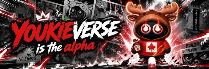 A promotional banner for 'YOUKIEVERSE is the alpha' featuring a hooded character with glowing red eyes and a Canadian flag jacket, with text like 'NO LIMITS' and 'BUILT DIFFERENT'.