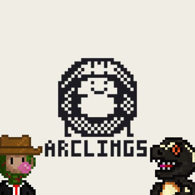 A pixel art logo for 'ARCLINGS' featuring a circular yin-yang style emblem, flanked by two pixel characters - one in a cowboy hat with pink bubble gum and another monster-like figure.