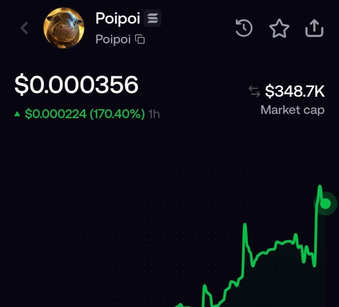 A cryptocurrency trading screen shows the token 'Poipoi' at $0.000356, up 170.40% ($0.000224) in 1 hour, with a market cap of $348.7K and a green rising chart.