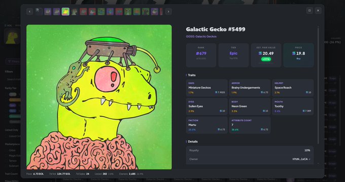 Screenshot of an NFT marketplace listing for 'Galactic Gecko #5499' showing a green gecko character with a brain and various traits/stats including a 20.49 ETH estimated fair value.