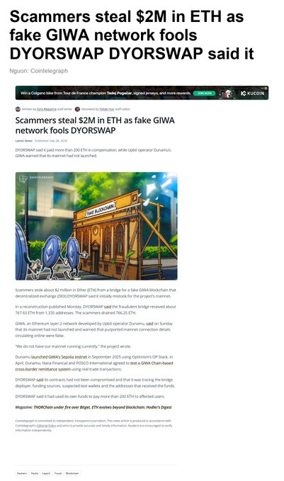 A Cointelegraph news article headlined "Scammers steal $2M in ETH as fake GIWA network fools DYORSWAP," explaining how a fraudulent project deceived the real DYORSWAP team.