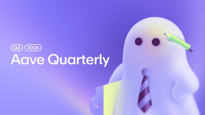 A promotional graphic reads “Q3 2026 Aave Quarterly” beside a white cartoon character wearing a striped tie and holding a pencil and folder. It promotes the upcoming Aave Quarterly livestream where viewers can learn the latest on Aave.