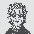 A black and white pixel art style drawing of a small character with spiky hair and a simple smiling face.
