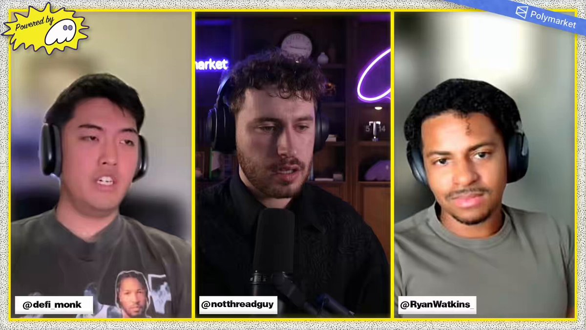 The image shows three men wearing headphones, with each man's face displayed on a separate screen. They are all talking into microphones, suggesting that they might be participating in an online meeting or a video call. The background of the screens features a yellow sunburst design and the text "Hyperliquid". This could indicate that the image is related to a social media post or a discussion about a popular trend or concept.