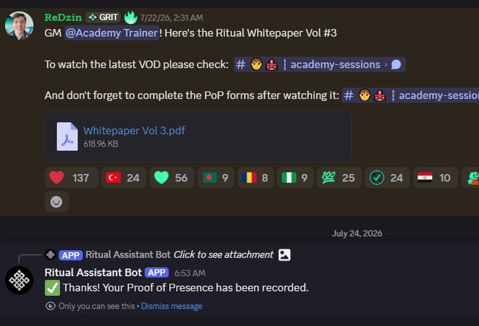 A Discord message from ReDzin in the GRIT channel dated 7/22/26, 2:31 AM, greeting @Academy Trainer and sharing a link to watch the latest VOD, along with a 618.96 KB 'Whitepaper Vol 3.pdf' attachment, followed by a Ritual Assistant Bot confirmation that Proof of Presence has been recorded.