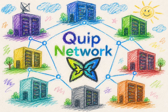 A colorful hand-drawn illustration depicting the 'Quip Network' with server buildings connected by lines, featuring a butterfly logo in the center.