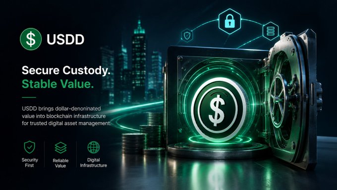 An advertisement for 'USDD' with the text 'Secure Custody. Stable Value.' showing a large vault door with a dollar sign, emphasizing blockchain infrastructure and digital asset management.