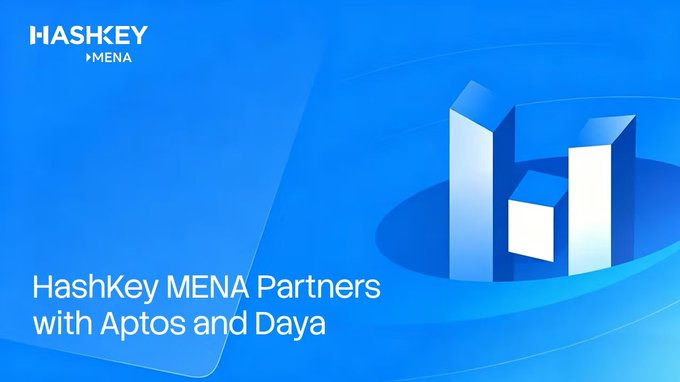 A blue promotional graphic reading 'HASKEY MENA - HashKey MENA Partners with Aptos and Daya' featuring a 3D 'h' logo.