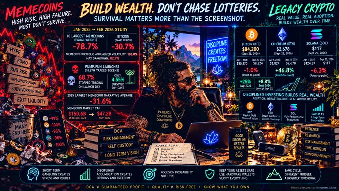 A crypto investment infographic contrasting memecoins with legacy crypto, featuring 'MEMECOINS -78.7%', 'BUILD WEALTH. DON'T CHASE LOTTERIES.' headlines, and Bitcoin (BTC) at $94,200, Ethereum (ETH) at $2,678, and Solana (SOL) at $117 prices with a person at a desk labeled 'DISCIPLINE CREATES FREEDOM'.