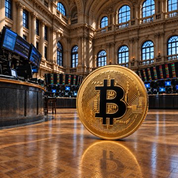 A large golden Bitcoin coin sits prominently on a polished wooden floor, with the trading floor of a stock exchange and digital ticker boards visible in the background. The image visually reinforces the post's news about US spot Bitcoin ETFs recording $23.2M in inflows, highlighting the growing institutional investment in Bitcoin within traditional financial markets.
