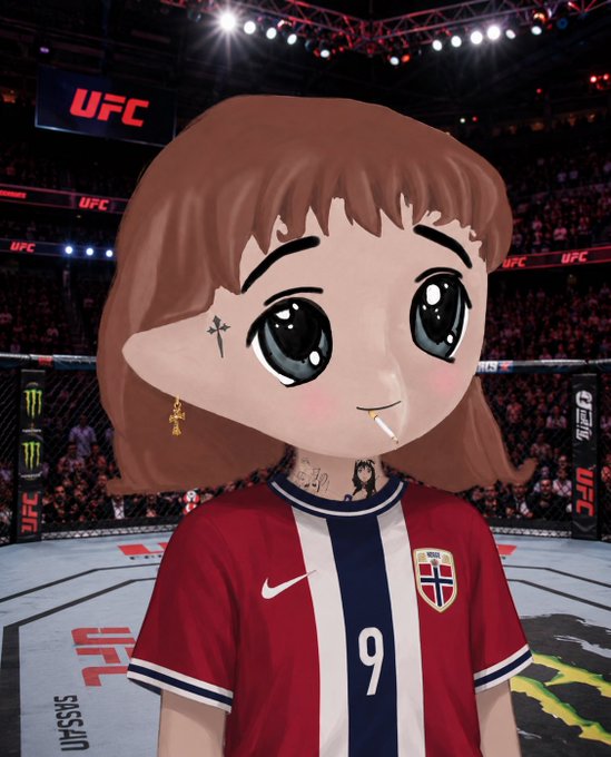 An anime-style chibi character with brown hair and large expressive eyes wearing a Norway #9 soccer jersey, standing in front of a UFC octagon arena with Monster Energy sponsorship visible.