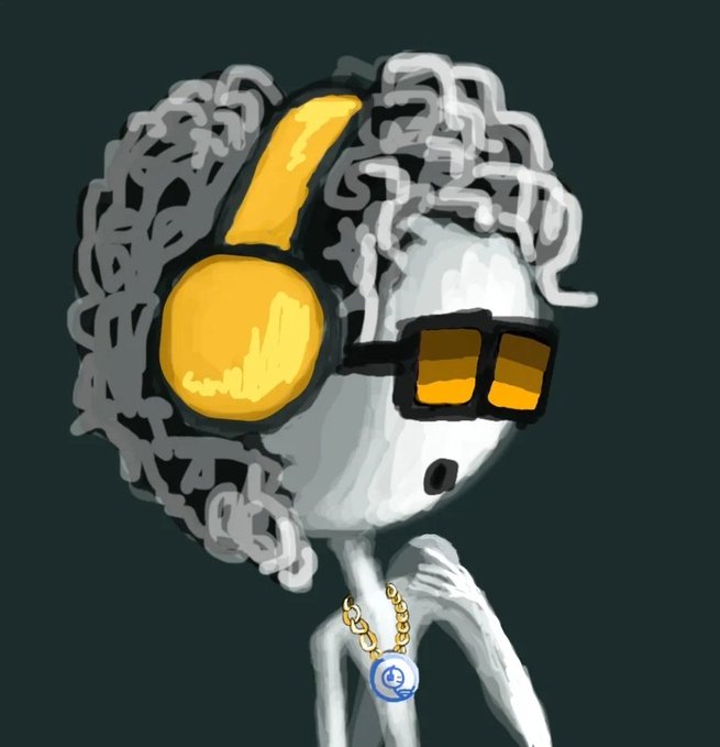A digital illustration of a white character with gray curly hair wearing yellow and black headphones, sunglasses, and a blue pendant necklace on a chain.