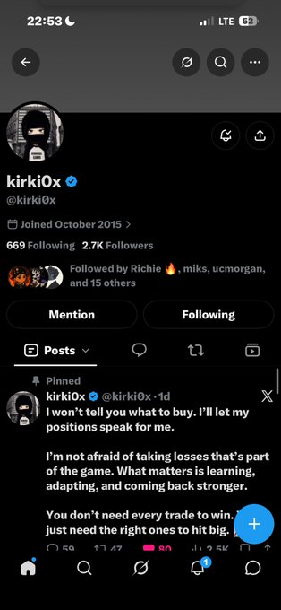 A screenshot of X (Twitter) profile page for 'kirkiOx' (@kirkiOx), a verified account joined October 2015 with 669 Following and 2.7K Followers, featuring a pinned post about trading philosophy.