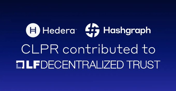 A graphic with a blue gradient background features the Hedera and Hashgraph logos side by side, with text reading "CLPR contributed to LF Decentralized Trust," announcing Hedera's donation of the Cross-Ledger Protocol, developed by Hashgraph, to the Linux Foundation Decentralized Trust as an open-source lab.