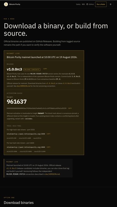 A screenshot of the Bitcoin Purity website displaying download information for v1.0.0rc3, with a mainnet launch on 19 August 2026 and block height 961637.