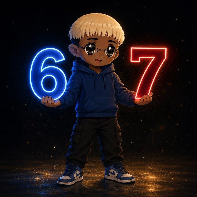 A digital illustration of a cartoon boy with blonde hair and glasses holding glowing neon numbers '6' in blue and '7' in red against a dark, starry background.
