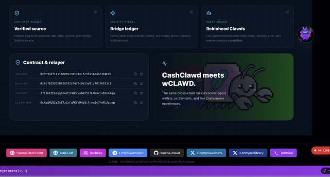 A dark-themed webpage or dashboard for 'CLAWD' showing widgets for 'Verified source', 'Bridge ledger', and 'Robinhood ClawdS', along with contract addresses for wCLAWD, Relayer, Custody, and Clawd Mint, and a 'CashClawd meets wCLAWD' banner.