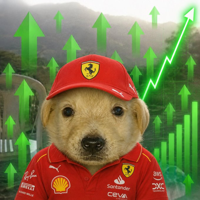 A golden retriever puppy wearing a red Ferrari racing cap and shirt (featuring Puma, Shell, Santander, AWS, and Pirelli logos) is superimposed over a background of green upward-pointing arrows and a rising stock chart, humorously symbolizing bullish market gains and "$jotchua generation 2x" portfolio growth.
