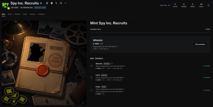 A screenshot of the 'SPY Inc. Recruits' website displays a 'Mint Spy Inc. Recruits' mint schedule with whitelist and mint details for items like Whitelist, FOYS, and Public.