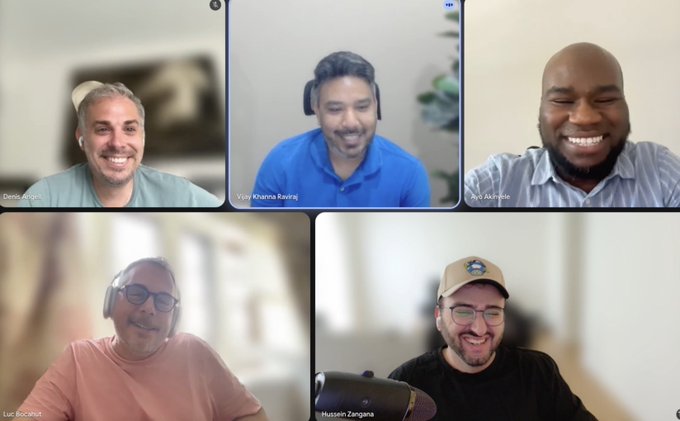 A five-person video call screenshot featuring participants labeled Denis (XRPL Foundation), Vijay Khanna (Ripple), Joel Akinyele (Ripple), Luc Bocahut (XRPL Commons), and Hussein Zengana, all smiling during a recording session about upcoming XRP Ledger features including Privacy (XLS-96), Batch (XLS-56), and Permission Delegation.
