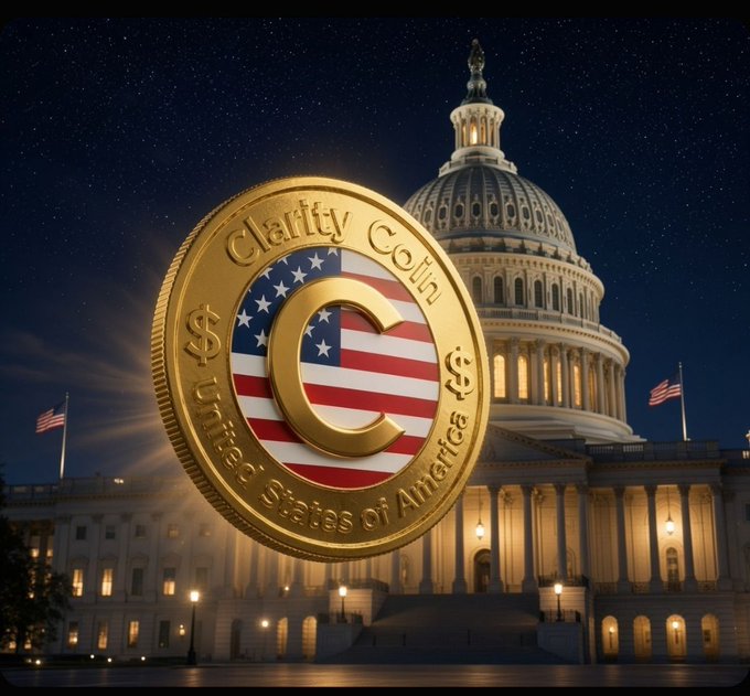 A promotional image of a gold 'Clarity Coin' featuring an American flag design with a 'C' in the center, set against a backdrop of the U.S. Capitol building at night.