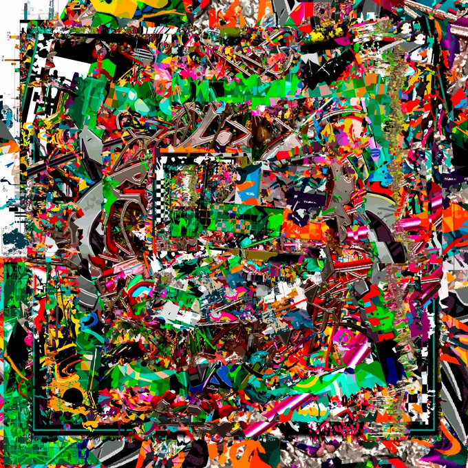 A chaotic, glitch-art digital composition explodes with vivid greens, reds, pinks, and oranges, containing scattered fragments of text including "MAKER" and "FIRST," visually mirroring the surreal, fragmented nature of "'Bathroom Included' New mint on OBJKT" as a bold NFT release on the Tezos marketplace.
