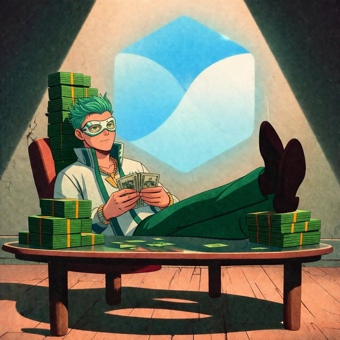 An anime-style illustration of a green-haired, masked character lounging in a chair surrounded by stacks of money, holding cash cards, with the Robinhood logo glowing in the background.