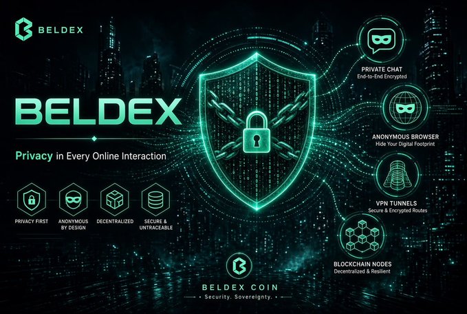 A promotional graphic for Beldex, a privacy-focused cryptocurrency featuring a glowing teal shield with a padlock, listing features like Private Chat, Anonymous Browser, VPN Tunnels, and Blockchain Nodes.