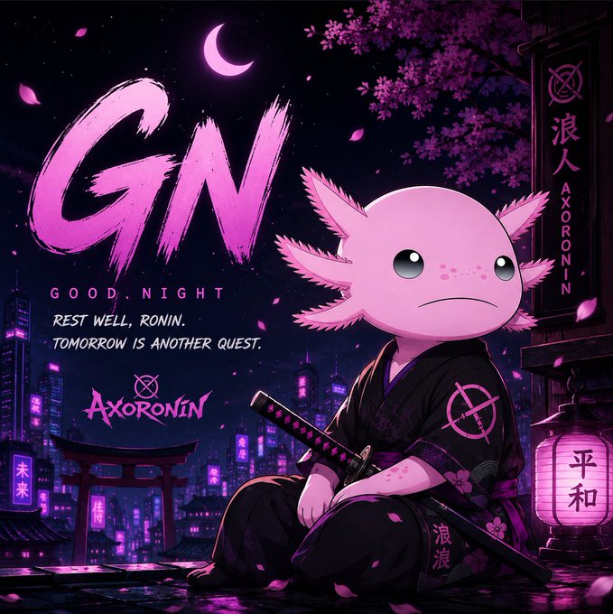 A pink axolotl character dressed as a samurai sits beneath cherry blossoms in a neon-lit cyberpunk city, with 'GN - GOOD NIGHT - REST WELL, RONIN. TOMORROW IS ANOTHER QUEST' and 'AXORONIN' text displayed.