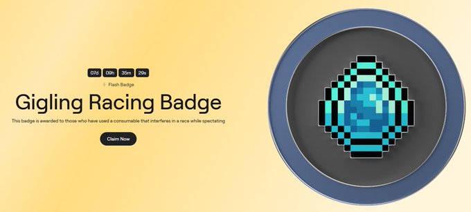 Promotional graphic for a 'Gigling Racing Badge' with timer badges showing 03H 06M 35M 20s and a 'Claim Now' button, alongside a pixelated cyan turtle shell icon on a blue circle.
