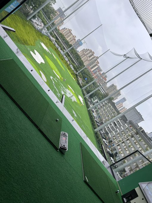A small toy car sits on a green artificial turf surface at what appears to be a rooftop sports facility, with a cityscape and overcast sky visible through the surrounding netting.