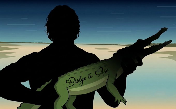 Stylized illustration of a silhouetted figure holding a crocodile with 'Bridge to Life' written on its side, set against a beach landscape.