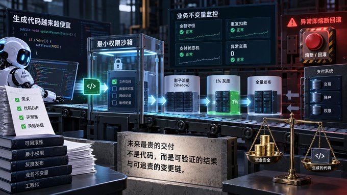 An illustration depicts an AI assistant robot at a workstation with monitors displaying code, Chinese text about code generation and business metrics, and a balance scale weighing code.