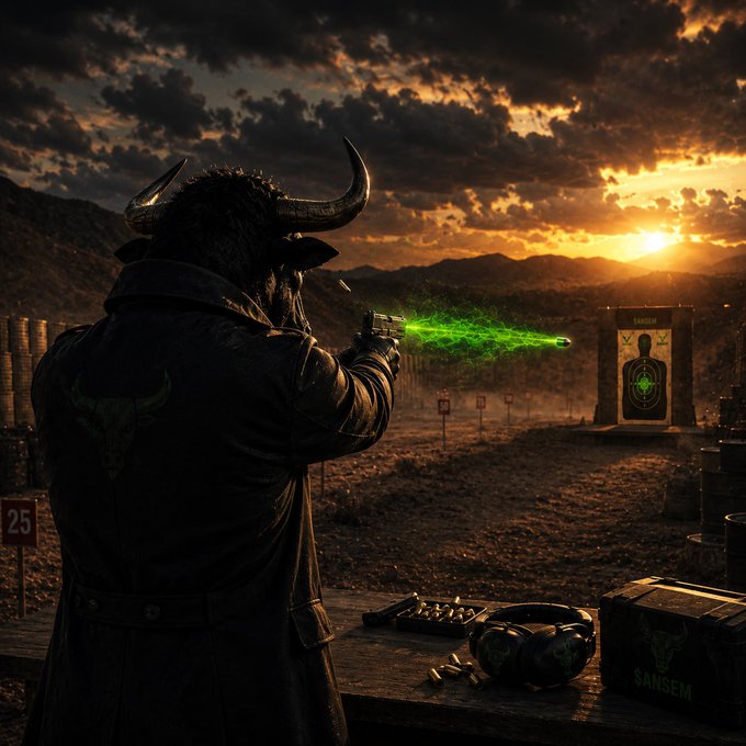 A horned bull figure in a leather jacket fires a glowing green energy beam at a distant target practice silhouette at a desert shooting range during sunset, with gear labeled "SANSEM" and a target marker reading "25" visible on the table, visually capturing the post's metaphor of $ANSEM bullseye-aiming at "billions."