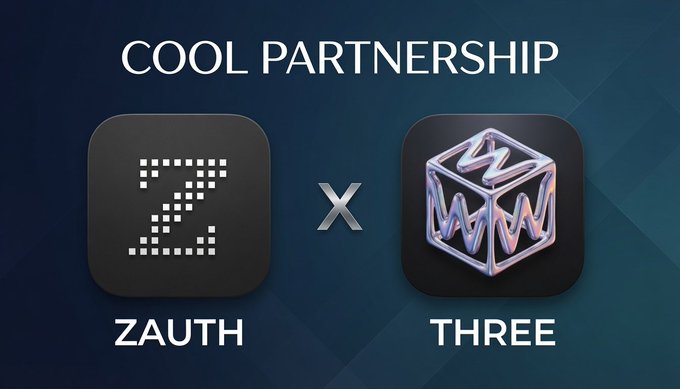 The image features a logo for a company named "zauth" with an x above it, and another logo for a company named "three" below it. The text "Cool Partnership" is written at the top of the image.