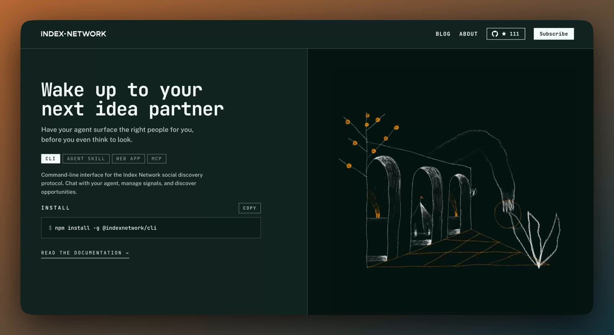 The image shows a website with a green background featuring an illustration of an archway or gate surrounded by trees. The text on the website reads "Wake Up To Your Next Idea Partner" and "Focus on what is in the image and how it relates to the post".