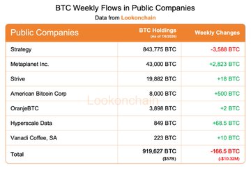 The image displays a table titled "BTC Weekly Flows in Public Companies" from Lookonchain, showing BTC holdings and weekly changes for public companies during the week of June 29–July 5, 2026. Notably, Strategy led with 843,775 BTC despite selling 3,588 BTC, while Metaplanet Inc. (+2,823 BTC) and Strive (+18 BTC) added to their holdings, bringing the total holdings across these companies to 919,627 BTC with a net weekly change of -166.5 BTC, illustrating the cooling crypto activity mentioned in the post.
