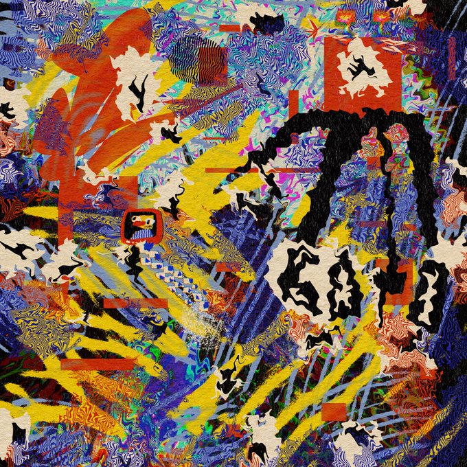 A vibrant abstract digital artwork features chaotic patterns, swirling colors, fragmented shapes, and distorted text including 'GLR' in bold black letters.