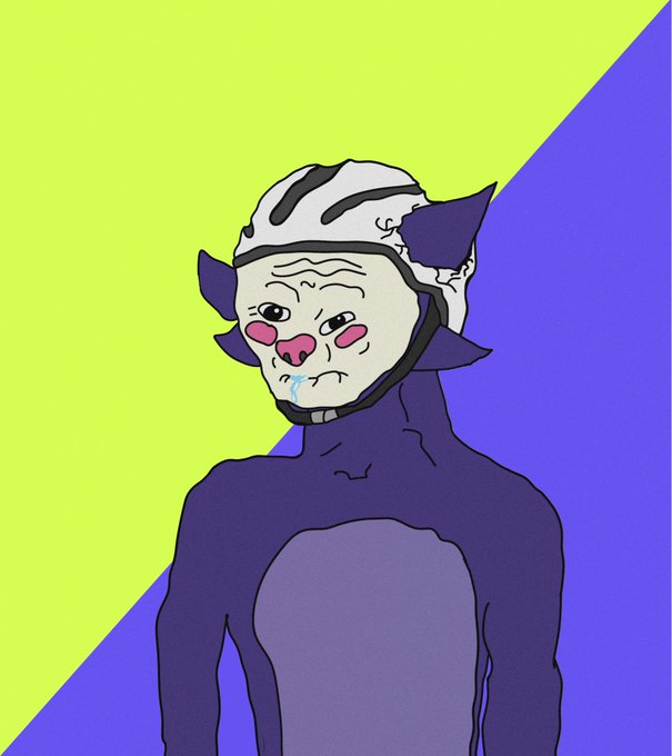 A cartoonish humanoid figure with a wrinkled, drooling face wearing a bicycle helmet and a dark purple bodysuit stands against a diagonally split yellow and blue background. The image appears to be a meme testing whether viewers will engage despite the post's warning that doing so won't count toward a "Choglist," likely by using a deliberately low-effort "low IQ" visual to bait interaction.