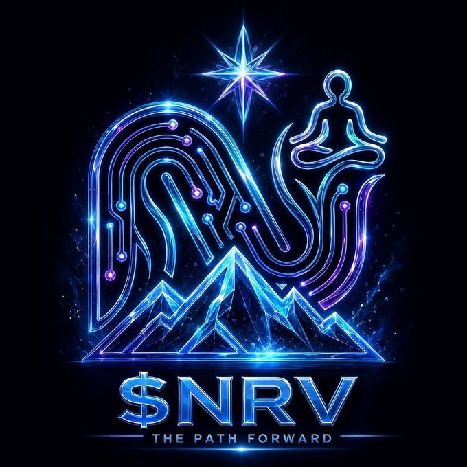 A glowing blue neon logo featuring stylized mountains, a meditating figure, and a star above, with the text '$NRV THE PATH FORWARD' displayed prominently.