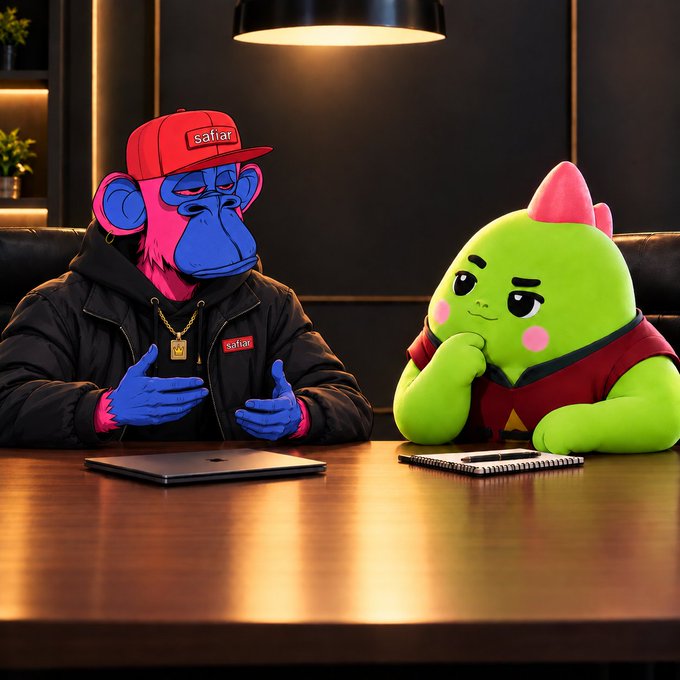 An AI-generated image of a pink and blue Bored Ape-style character wearing a 'safari' hat and jacket, sitting at a table with a green cartoon character across from a laptop and notebook.