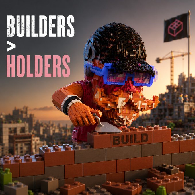 A LEGO-style scene featuring a character with pixelated sunglasses building a brick wall labeled 'BUILD', with text 'BUILDERS > HOLDERS' displayed on the left side.