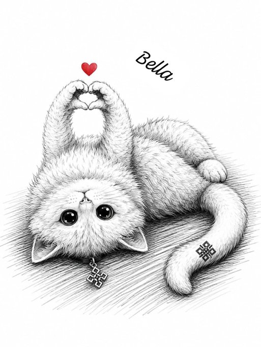 A black and white sketch of a cute cat lying upside down making a heart shape with its paws, with the name 'Bella' written next to it and a small red heart above.