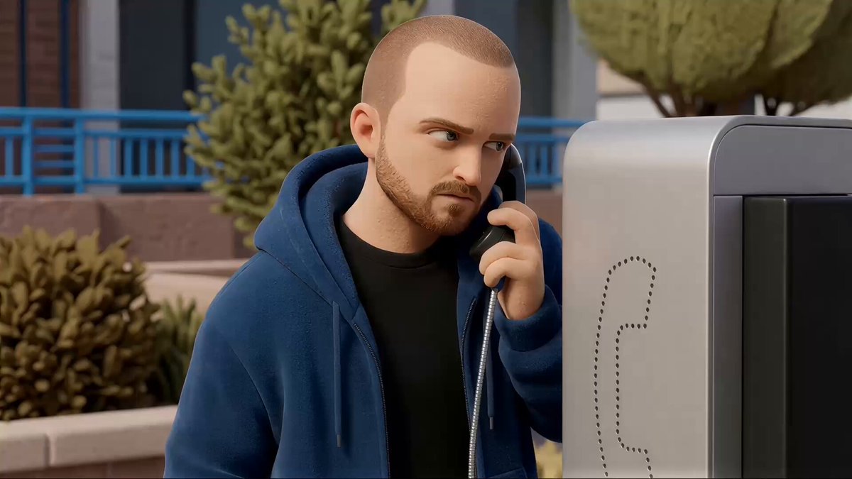 The image features a man dressed in a blue hoodie, talking on a phone while standing next to a parking meter. The background of the image shows a city street with buildings visible behind him. The caption for this image reads "Focus on what is in the image and how it relates to the post".