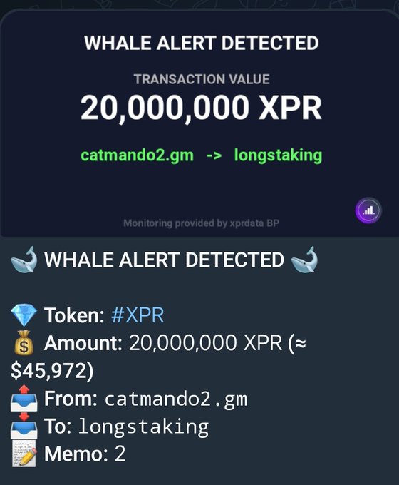 The image shows a close-up of an alert message displayed on a screen against a dark background, which indicates that there has been a whale alert detected related to the Bitcoin transaction. The alert suggests that the transaction has reached its 20,000,000 XPR value (20,000,000 XPR), and is currently in the process of being monitored by Whale Watcher for longstaking activity. Additionally, an amount of S$45,972 is listed as the funds transferred during this Bitcoin transaction. The post also includes a link to "catmano2.gm/longstaking", which provides further context about the transaction's tracking system and related data.