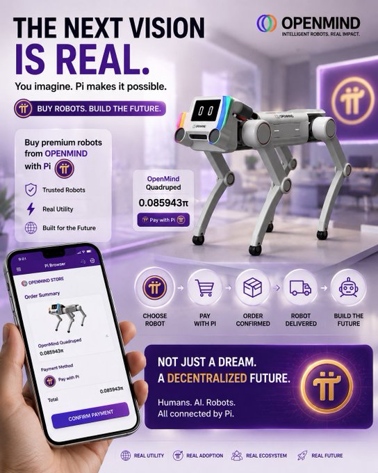 An advertisement for "OPENMIND" featuring a quadruped robot and a smartphone showing an order for the "OpenMind Quadruped" priced at "0.085943π," with the headline "THE NEXT VISION IS REAL" and "NOT JUST A DREAM. A DECENTRALIZED FUTURE."