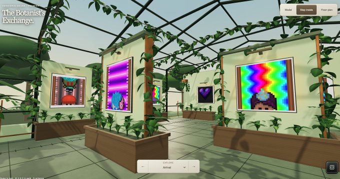 A 3D virtual greenhouse titled 'The Botanist Exchange' displays various pixel-art NFTs in frames, with a 'CHALLENGE Arrival' panel at the bottom.