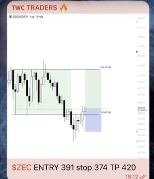 This image displays a trading chart for $ZEC with an entry point of 391, stop-loss at 374, and take-profit at 420, as confirmed by the post which references a "perfect setup" for this trade.